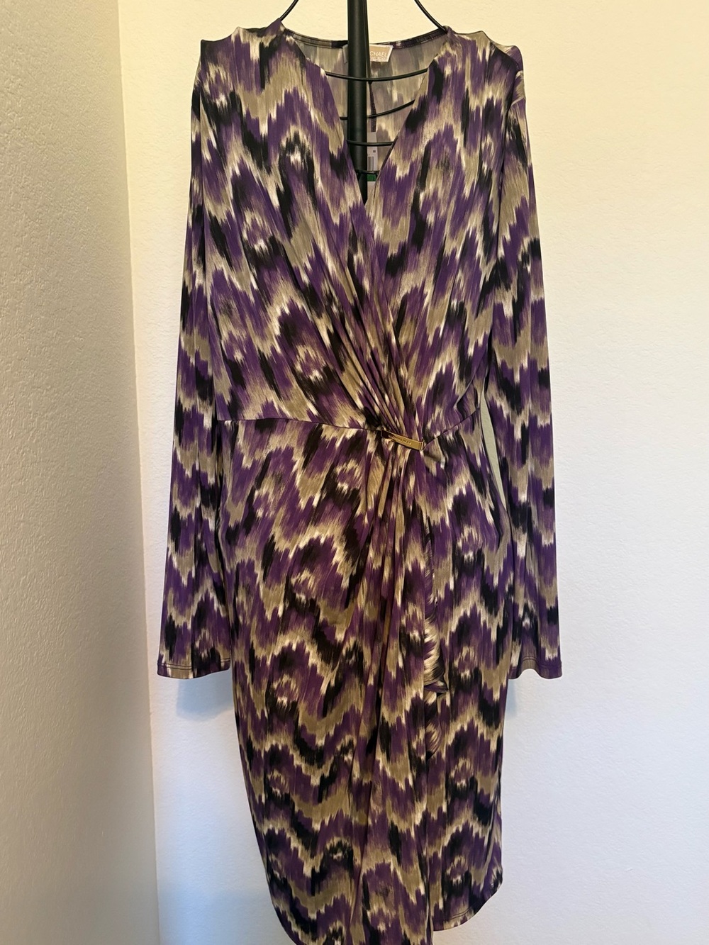 Michael Kors Purple Print Knot-Front Long Sleeve Dress